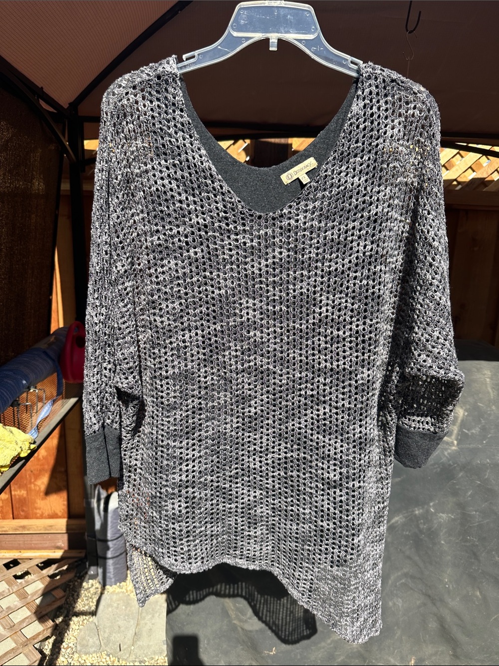 Democracy Black and Gray Open-Knit Sheer Sweater Tunic with underlay